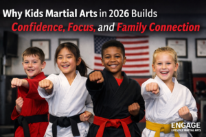 Kids ages 5–12 practicing martial arts at Engage Lifestyle Martial Arts, building confidence, focus, and family connection in 2026